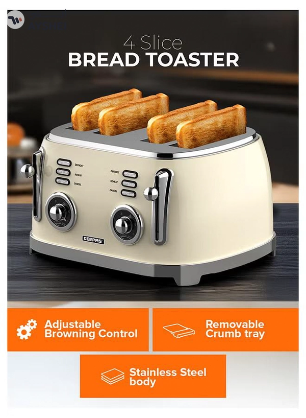 GEEPAS 4-Slice Bread Toaster, 1500W – 6 Browning Levels, Metallic Body, Defrost/Reheat/Cancel Functions, Removable Crumb Tray, Anti-Slip Feet, Cord Storage, Indicator Lights 1500 W GBT36564UK-CR Cream