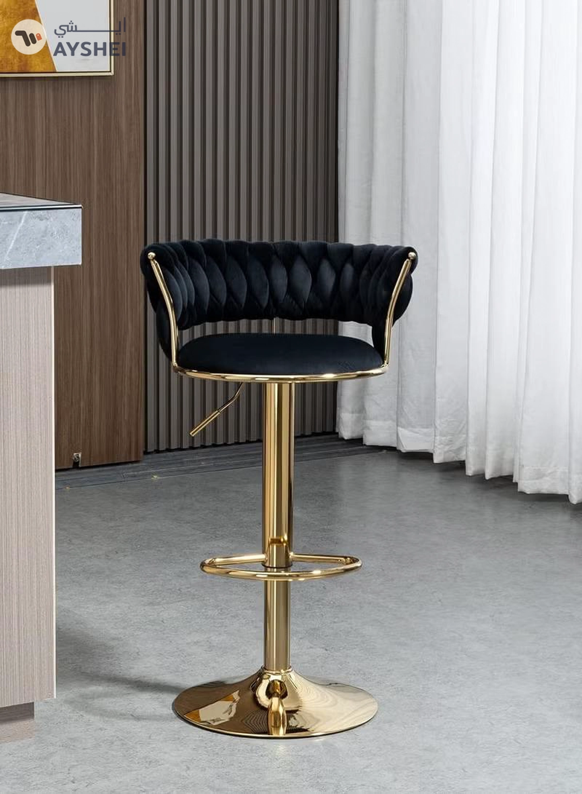 DubaiGallery Luxury bar Stool,Modern Round Adjustable Reception Chair, Gold Velvet Bar Chair, Kitchen -1-1