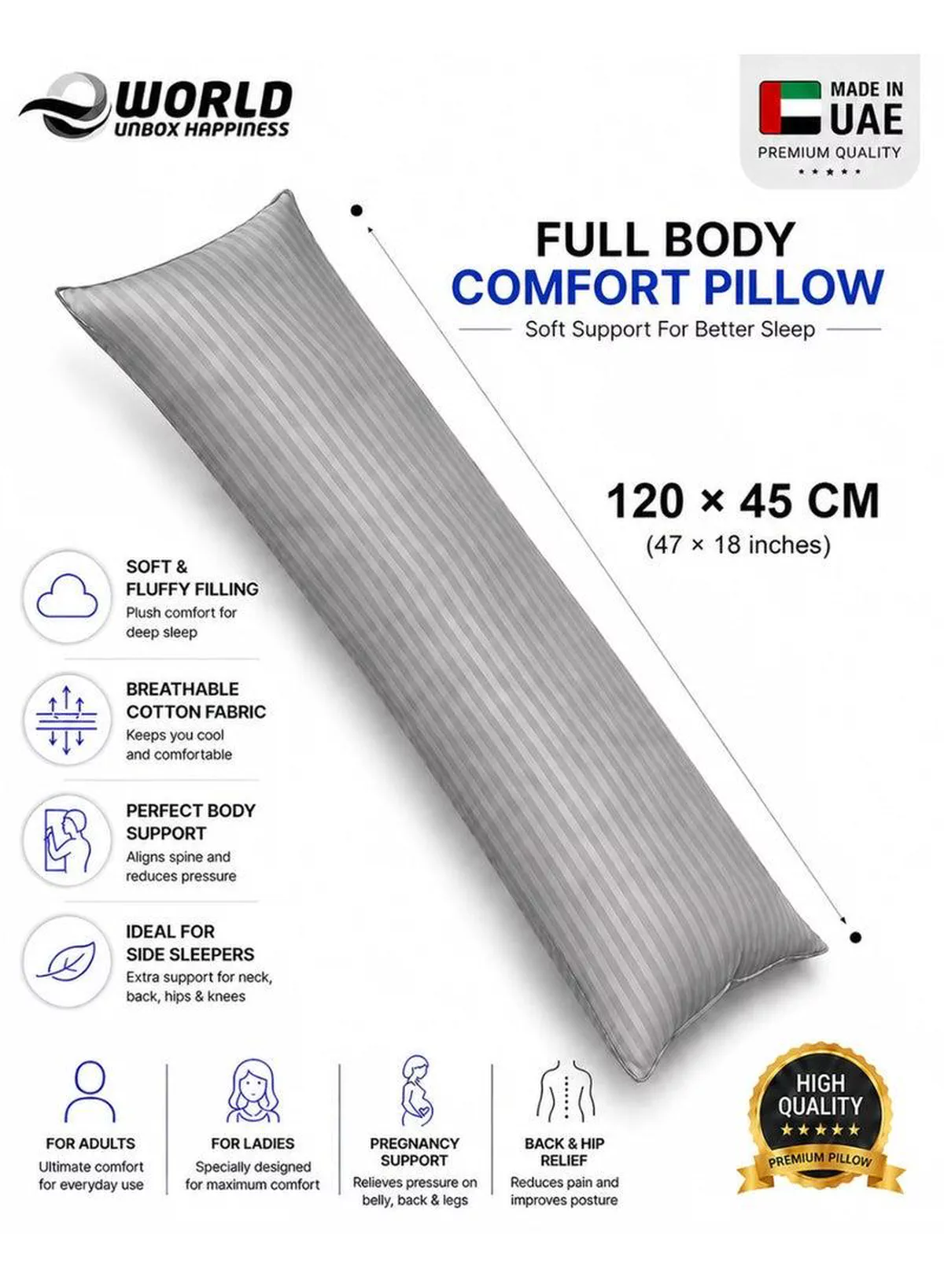 Premium Full Body Pillow for Adults, Ultra-Smooth Polyester Fiber, Breathable & Ideal for Side Sleepers, with Ultra-Soft Cotton Cover, Available in Multiple Colors, 120x45 cm