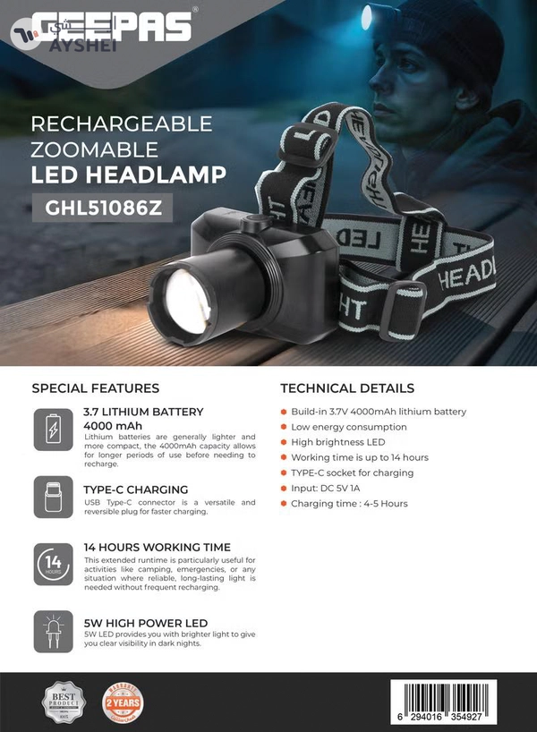 GEEPAS Rechargeable Zoomable LED Headlamp Waterproof | Comes with 3.7V 4000mAh Lithium Battery 14 Hours Working Time| 5W High Power LED, Type-C Charging| Low Energy Consumption, 2 Years Warranty GHL51086Z