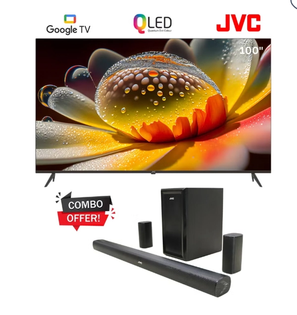 JVC 100 Inch Edgeless QLED 4K UHD Official Google TV With 5.1 CH Soundbar With Wireless Subwoofer Home Theater LT-100NQ7155+TH-N430B Black