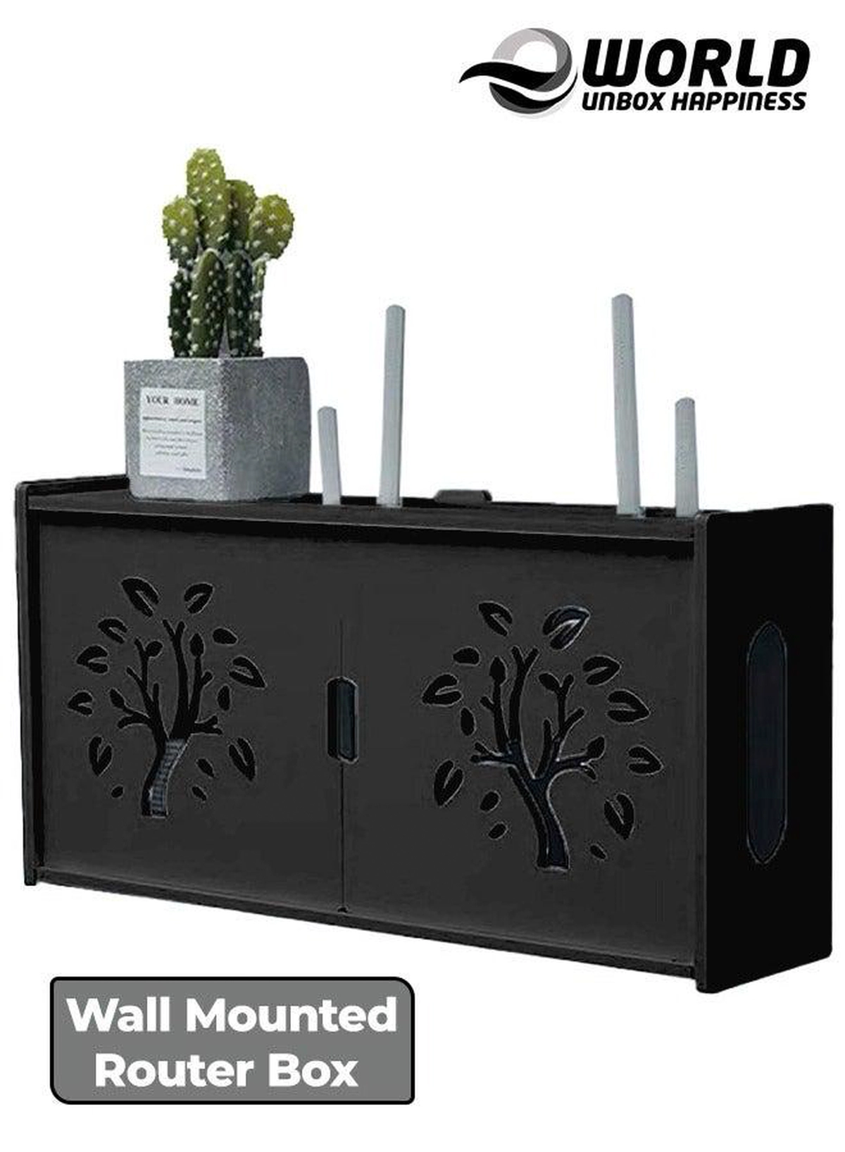 Stylish Wall-Mounted Router Rack for Wi-Fi Router, Set-Top Box, Light Cat Box, and More, Includes Doors and Patch Panel Shielding Box for Neat Storage, Black