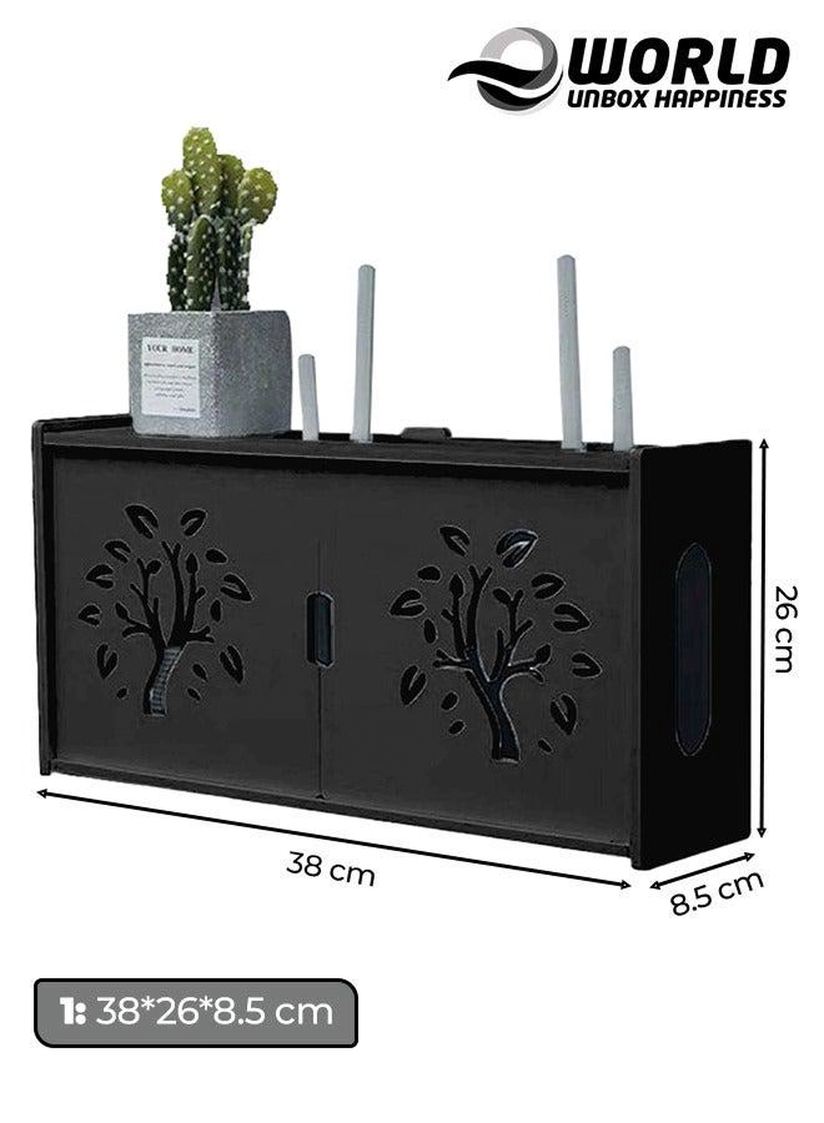 Stylish Wall-Mounted Router Rack for Wi-Fi Router, Set-Top Box, Light Cat Box, and More, Includes Doors and Patch Panel Shielding Box for Neat Storage, Black-1-1