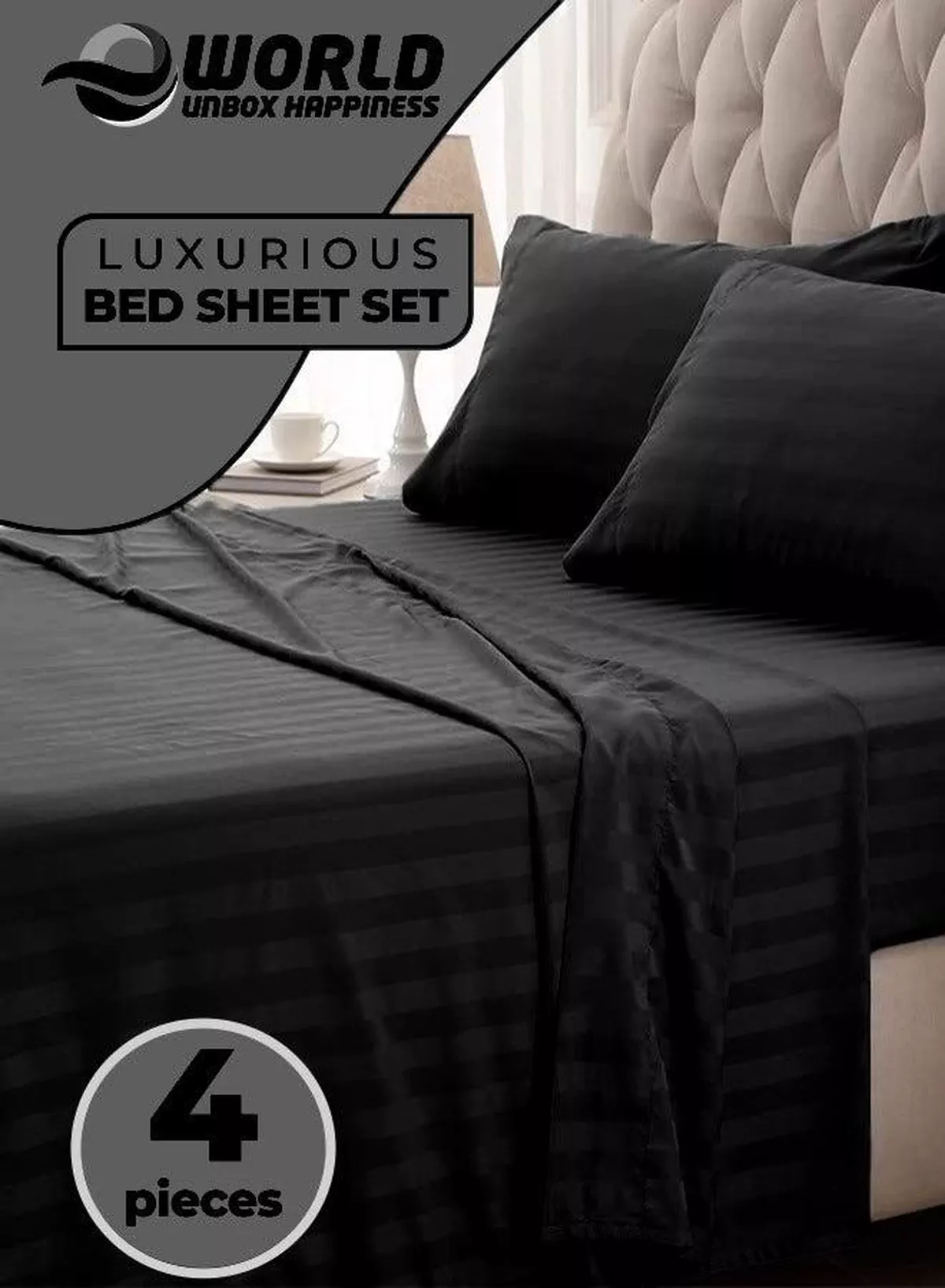 4-Piece Luxury Black Striped Bedding Set Includes 1 Regular Bedsheet, 1 Fitted Bed Sheet, and 2 Pillow Cases for Ultimate Hotel-Inspired Sophistication in King, Queen and Single Sizes