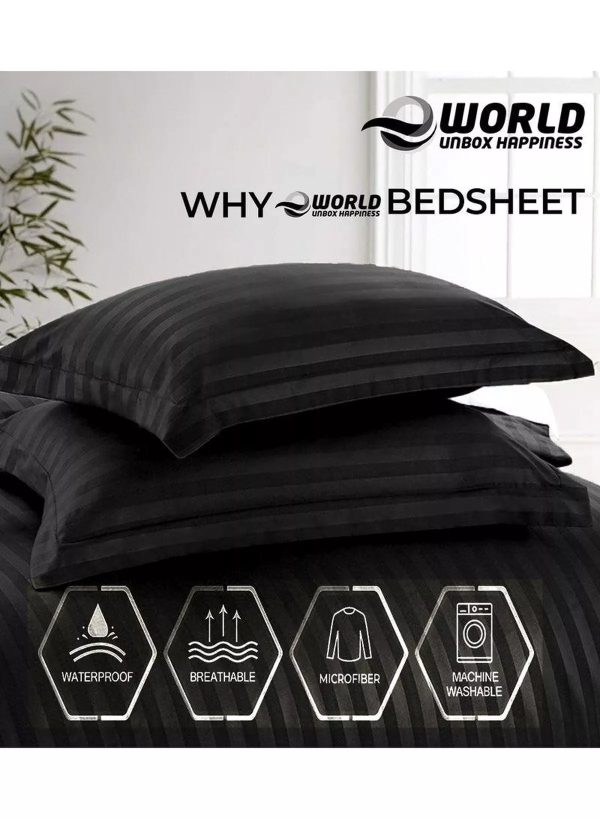 4-Piece Luxury Black Striped Bedding Set Includes 1 Regular Bedsheet, 1 Fitted Bed Sheet, and 2 Pillow Cases for Ultimate Hotel-Inspired Sophistication in King, Queen and Single Sizes-3-3