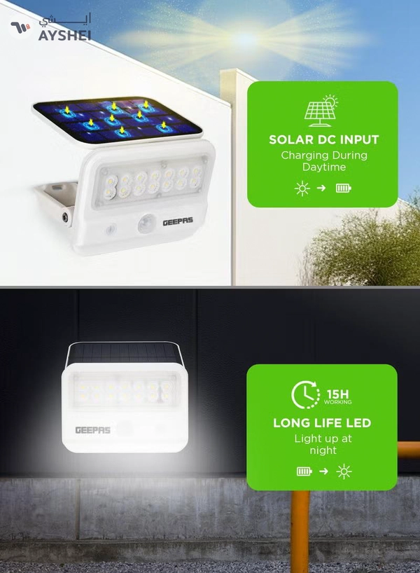 GEEPAS Solar LED Wall Light Energy Efficient Design with Motion Sensor and Dual Induction Modes| Solar DC Input, IP54 Waterproof Rating |10-12 Hours Working, Perfect for Porches, Patios, Outdoor Space, etc.| 2 Years Warranty White GESL55144