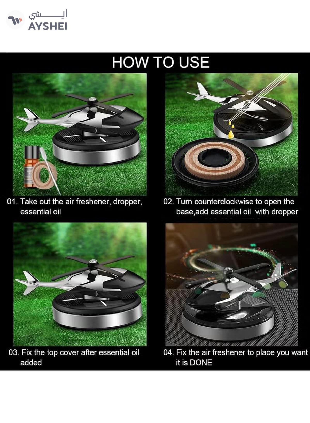 DubaiGallery Car Air Freshener, Helicopter Solar Energy Rotating Aromatherapy Aviation Al Alloy Diffuser, Interior Decoration Accessories Diffuser for Car and Home car air freshener solor-2-2