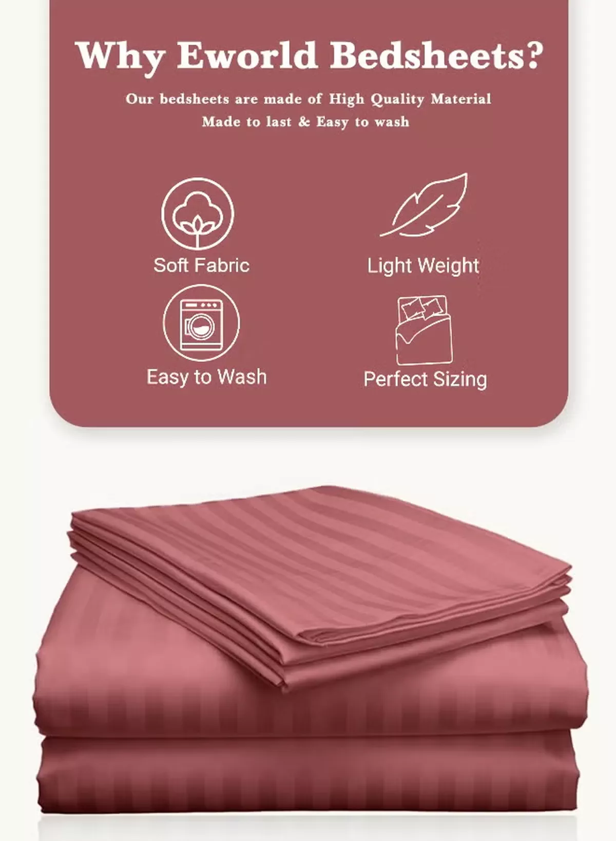 Eworld 3 Piece Luxury Maroon Striped Bed Sheet Set with 1 Flat Sheet and 2 Pillowcases for Hotel and Home Crafted from Ultra Soft and Breathable Microfiber for Year-Round Comfort, (Single/Double)-5-5