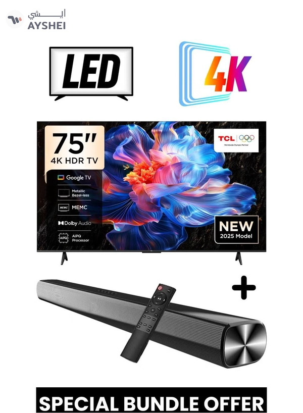 TCL 75-Inch P6K UHD LED 4K Smart TV + 2.0 Channel Premium Soundbar | [Google TV, AiPQ Processor, 60Hz, HDR10, MEMC, Metallic Bezel-less body] + [HDMI (ARC), USB, Bluetooth, FM Station, Aux] - (2025 Model) 75P6K+SOUNDBAR Black