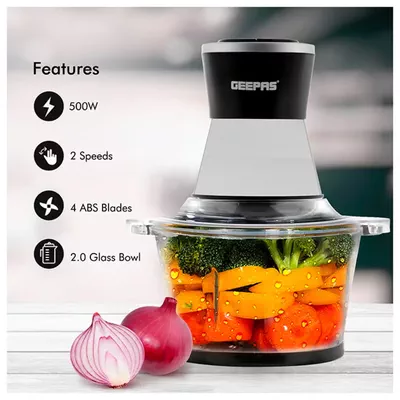 GEEPAS 2L Multi Copper With Garlic Peeler - 2 Speed with 4Pcs Stainless Steel Blades,Glass Bowl 2 L 500 kW GMC42021 Black/silver-5