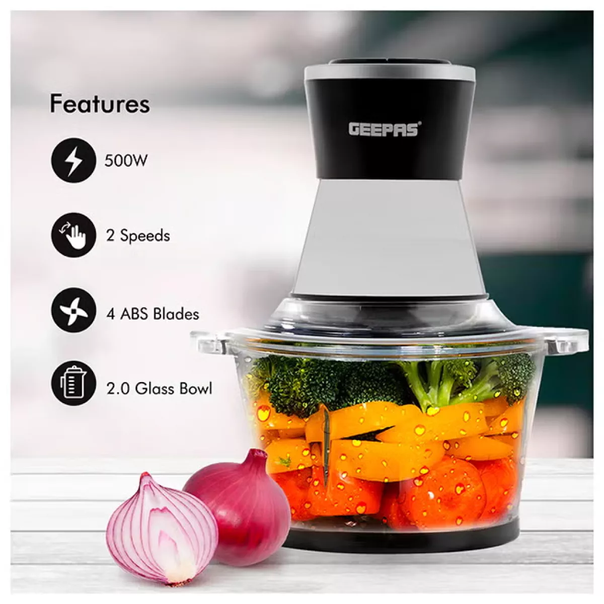GEEPAS 2L Multi Copper With Garlic Peeler - 2 Speed with 4Pcs Stainless Steel Blades,Glass Bowl 2 L 500 kW GMC42021 Black/silver-5-5