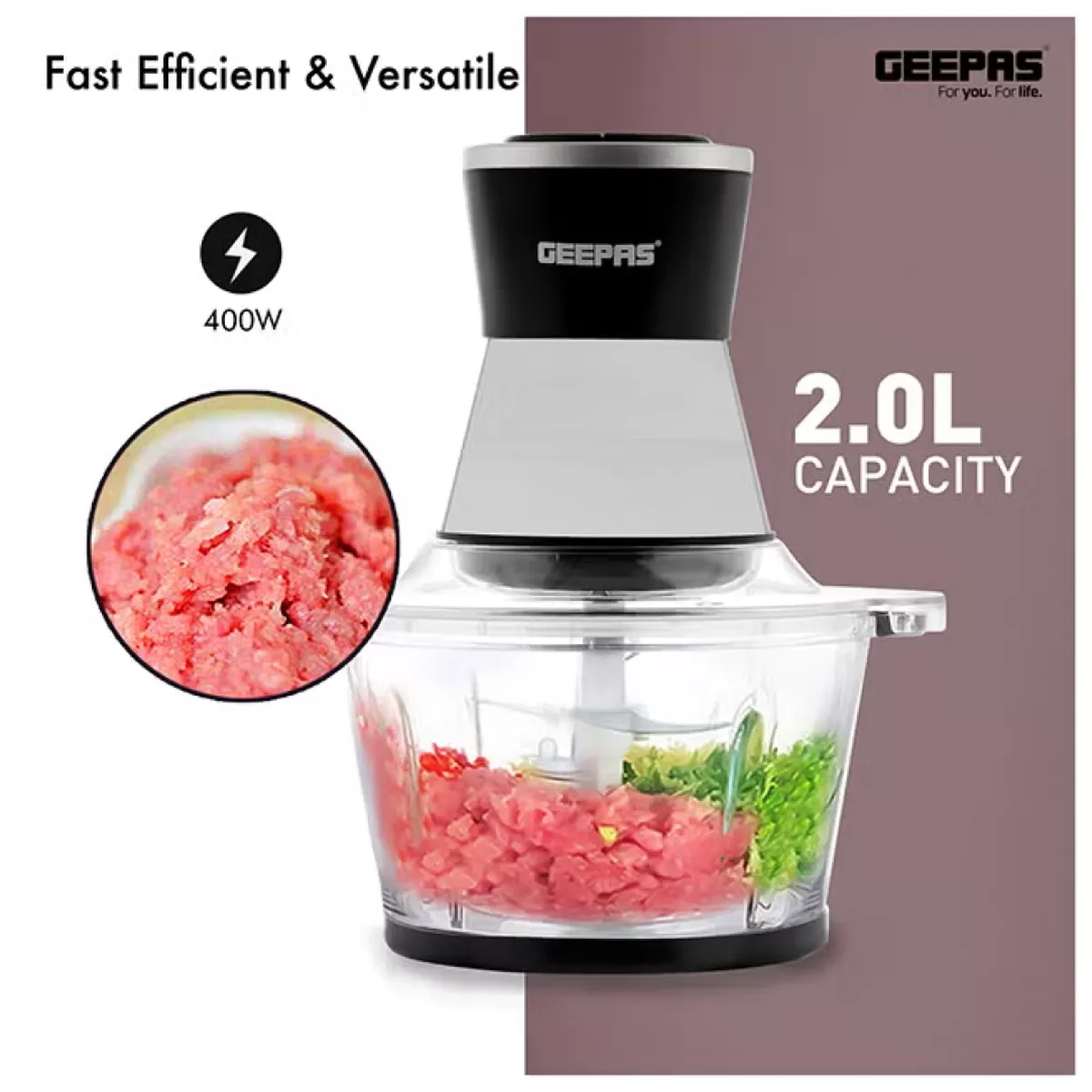 GEEPAS 2L Multi Copper With Garlic Peeler - 2 Speed with 4Pcs Stainless Steel Blades,Glass Bowl 2 L 500 kW GMC42021 Black/silver-2-2