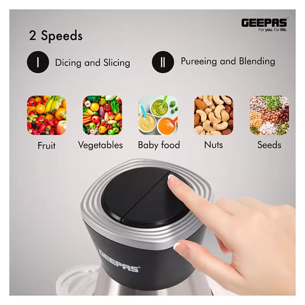 GEEPAS 2L Multi Copper With Garlic Peeler - 2 Speed with 4Pcs Stainless Steel Blades,Glass Bowl 2 L 500 kW GMC42021 Black/silver-3-3