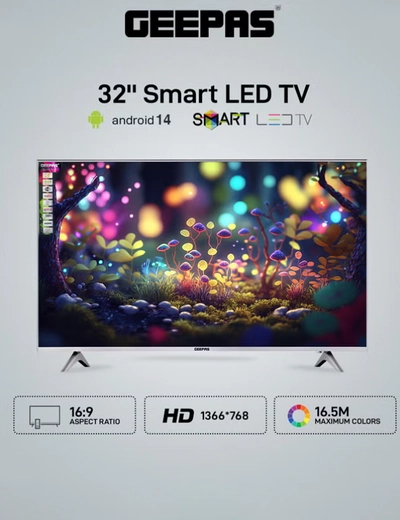 Geepas 32 Inch HD Smart LED TV With Remote Control, HDMI And USB Ports, Head Phone Jack, PC Audio In ,Wi-Fi, Android 14.0 With E-Share,YouTube Etc GLED3202SCHD Black-0