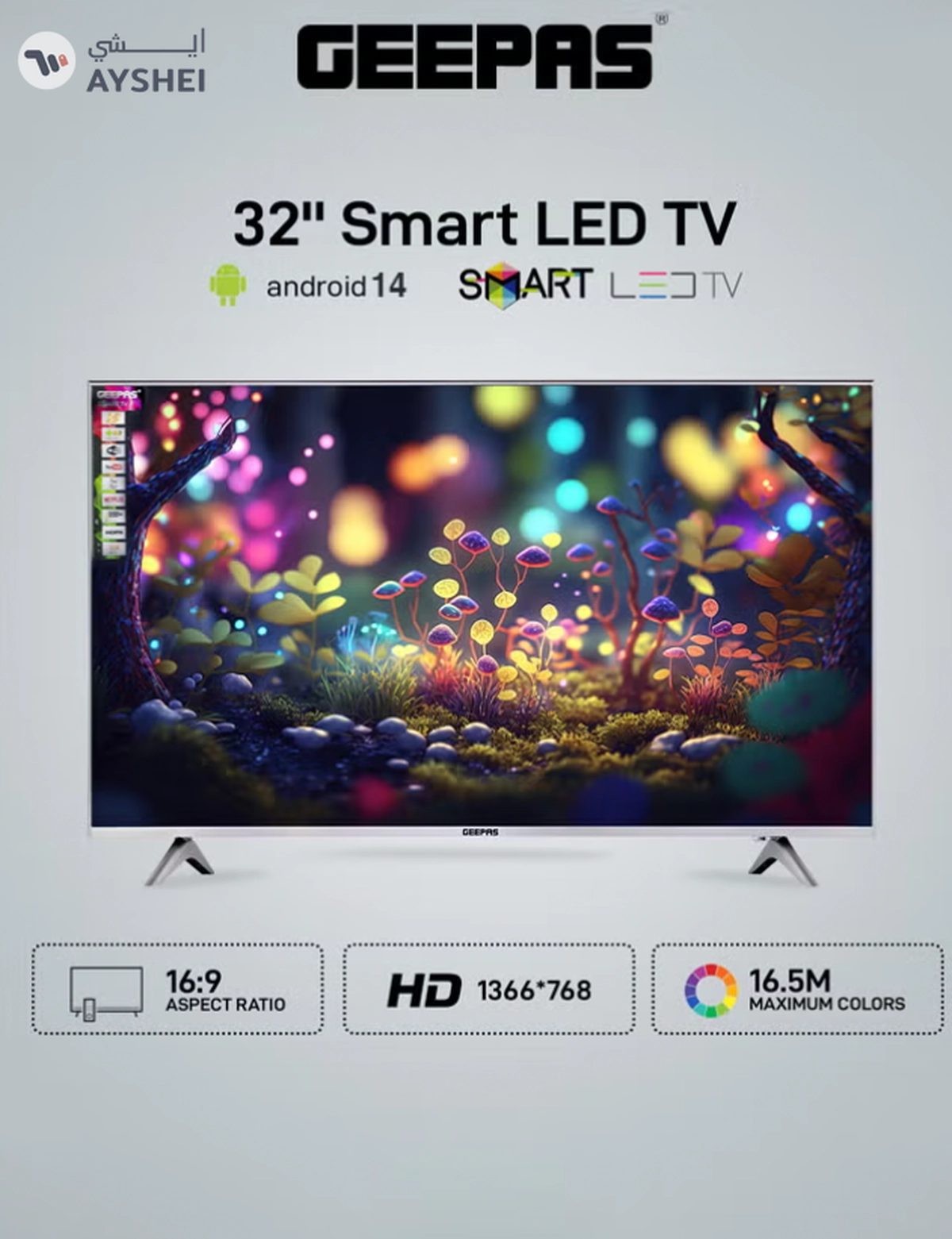 Geepas 32 Inch HD Smart LED TV With Remote Control, HDMI And USB Ports, Head Phone Jack, PC Audio In ,Wi-Fi, Android 14.0 With E-Share,YouTube Etc GLED3202SCHD Black-0-0
