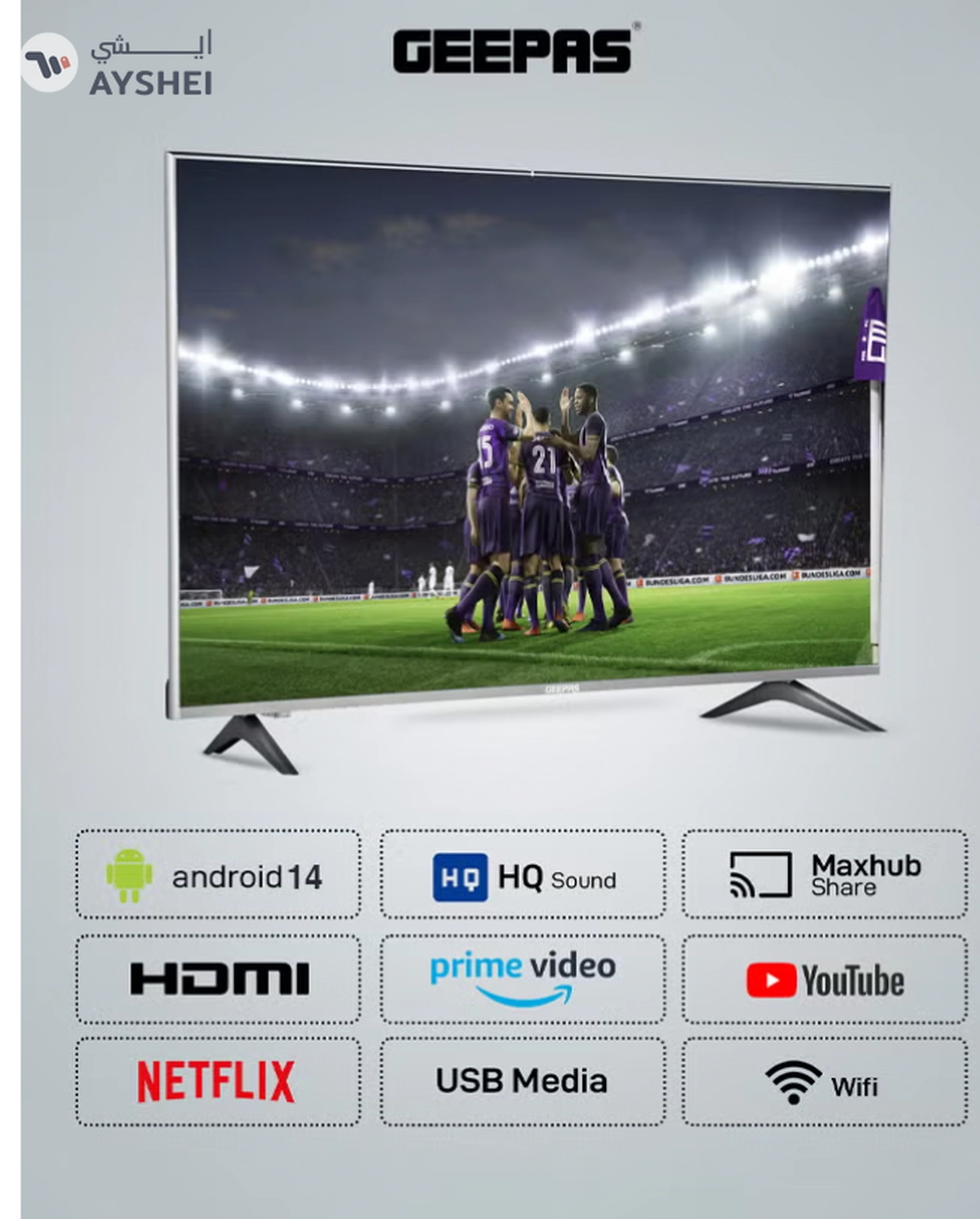 Geepas 32 Inch HD Smart LED TV With Remote Control, HDMI And USB Ports, Head Phone Jack, PC Audio In ,Wi-Fi, Android 14.0 With E-Share,YouTube Etc GLED3202SCHD Black-4-4