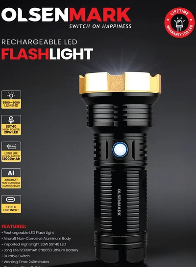Olsenmark Rechargeable LED Flashlight- OMFL2854, SST40 High Power 20W LED, Non-Corrosive Aircraft Aluminum Body with 5500-12000 Lumens, 240 Minutes Working Torch Lights, Black-1