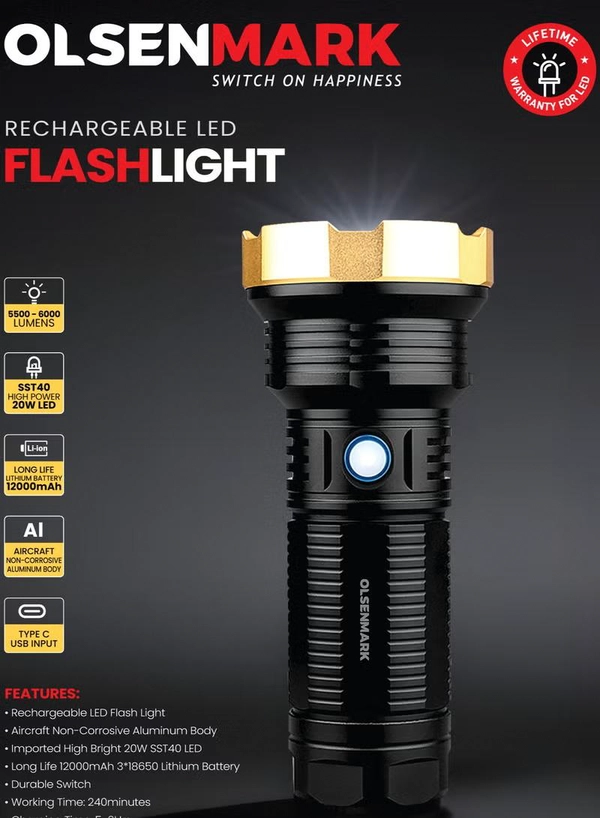 Olsenmark Rechargeable LED Flashlight- OMFL2854, SST40 High Power 20W LED, Non-Corrosive Aircraft Aluminum Body with 5500-12000 Lumens, 240 Minutes Working Torch Lights, Black