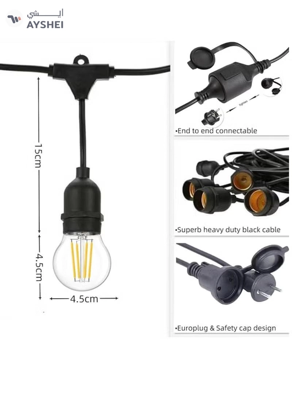 Yuwell Outdoor Waterproof IP65 Led String Lights E27 Holder 15 Meter Bulb Holder Wire With 30 Bulbs 4W G45 Clear With EU Plug Solar Bulb Holder For Ramadan Decoration Lights And Outdoor Decoration Light Hanging Light String Wire Ramadan Light For Commercial Patio Garden & Porch Yard