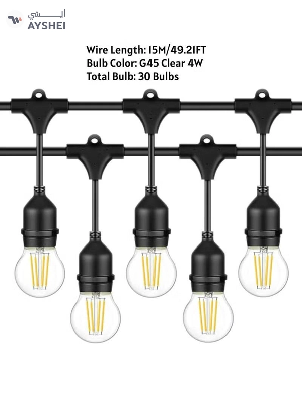 Yuwell Outdoor Waterproof IP65 Led String Lights E27 Holder 15 Meter Bulb Holder Wire With 30 Bulbs 4W G45 Clear With EU Plug Solar Bulb Holder For Ramadan Decoration Lights And Outdoor Decoration Light Hanging Light String Wire Ramadan Light For Commercial Patio Garden & Porch Yard