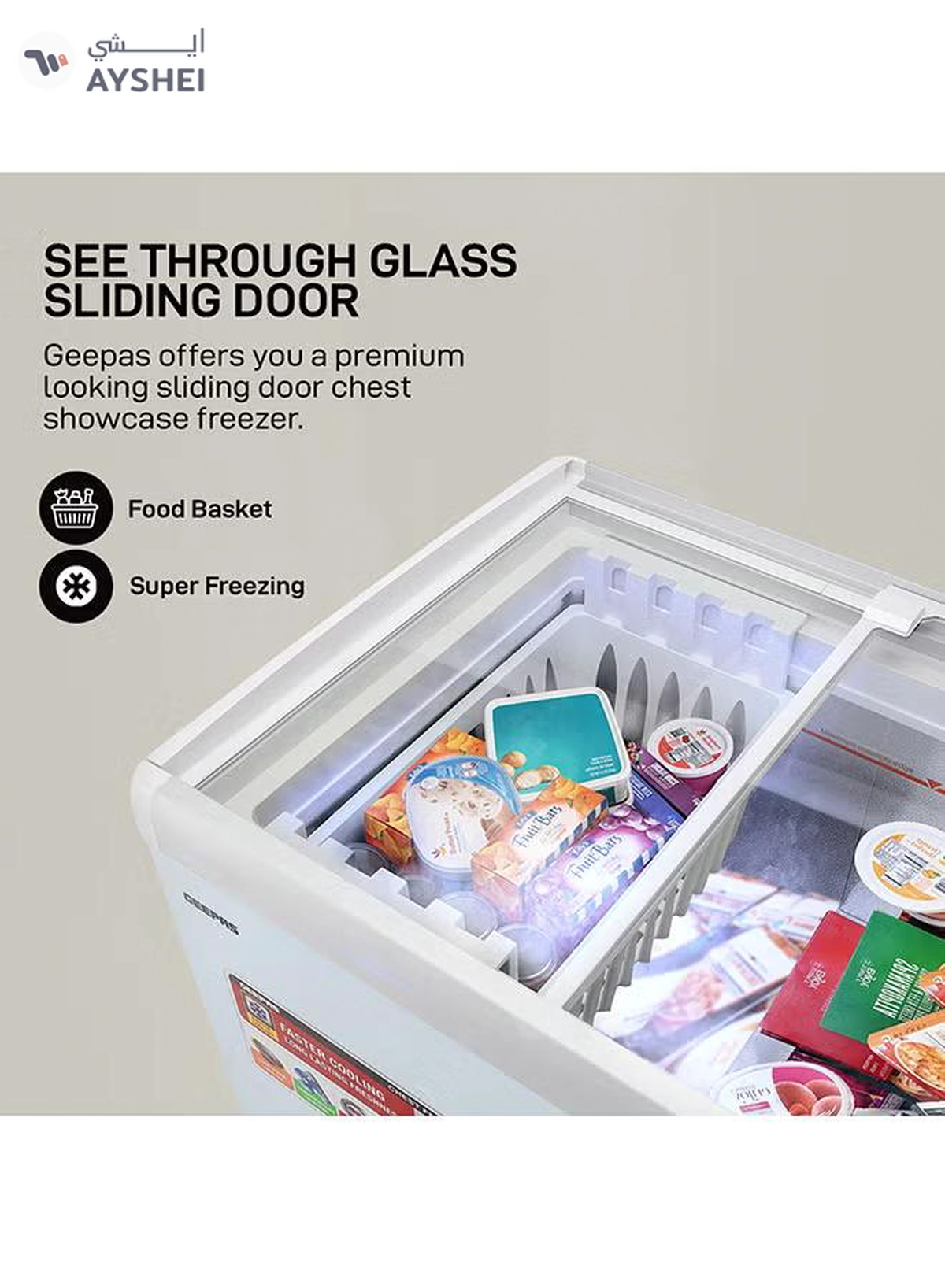GEEPAS Faster Cooling Chest Showcase Freezer Convertible Freezer and Fridge Function Long Lasting Freshness with Temperature Control 220 W GCF3523SG White-1-1