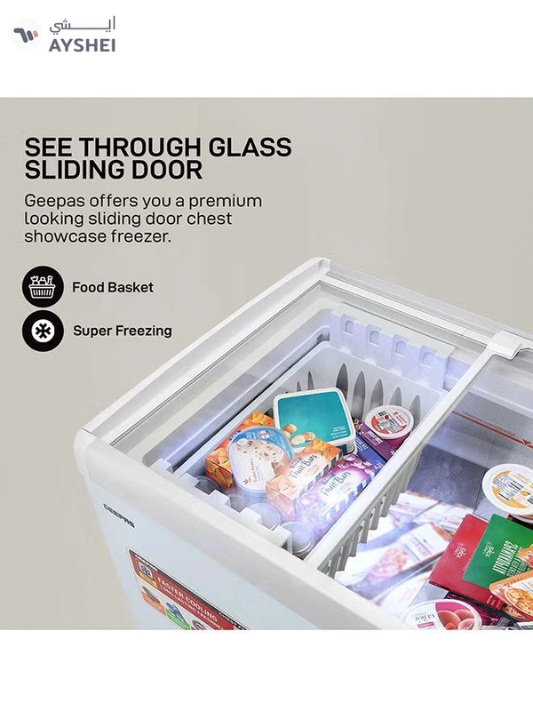 GEEPAS Faster Cooling Chest Showcase Freezer Convertible Freezer and Fridge Function Long Lasting Freshness with Temperature Control 220 W GCF3523SG White