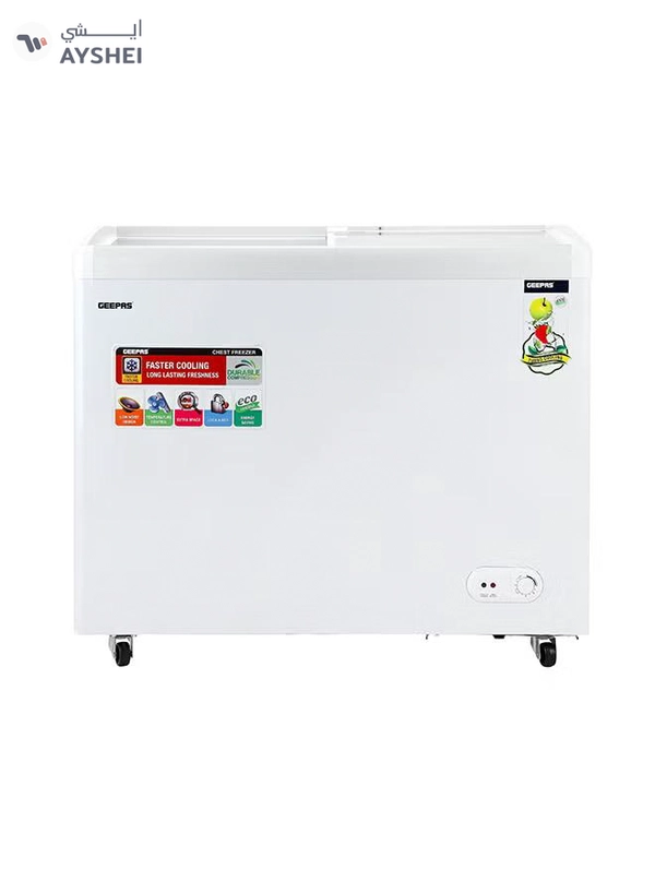 GEEPAS Faster Cooling Chest Showcase Freezer Convertible Freezer and Fridge Function Long Lasting Freshness with Temperature Control 220 W GCF3523SG White