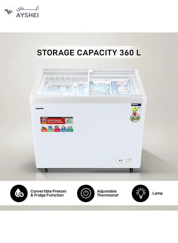 GEEPAS Faster Cooling Chest Showcase Freezer Convertible Freezer and Fridge Function Long Lasting Freshness with Temperature Control 220 W GCF3523SG White