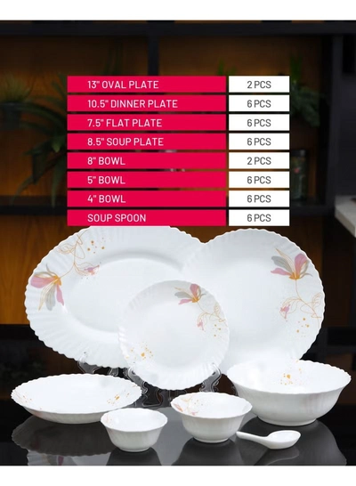 Delcasa DC3384 Opalware Dinner 40-Pieces Set, White/Pink-5