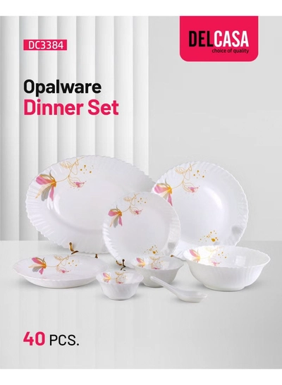 Delcasa DC3384 Opalware Dinner 40-Pieces Set, White/Pink-3