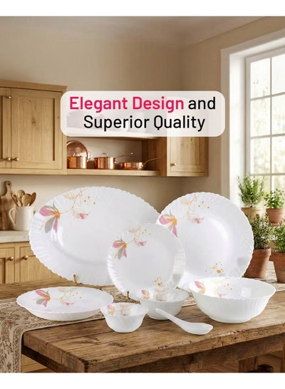 Delcasa DC3384 Opalware Dinner 40-Pieces Set, White/Pink-8