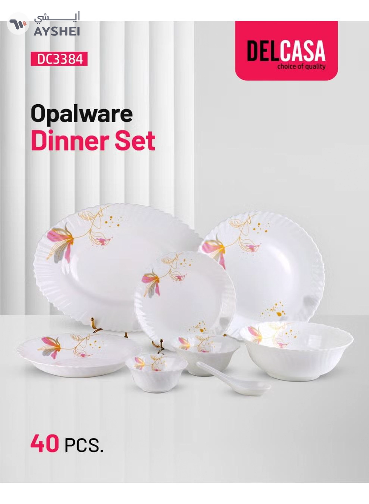 Delcasa DC3384 Opalware Dinner 40-Pieces Set, White/Pink-3-3