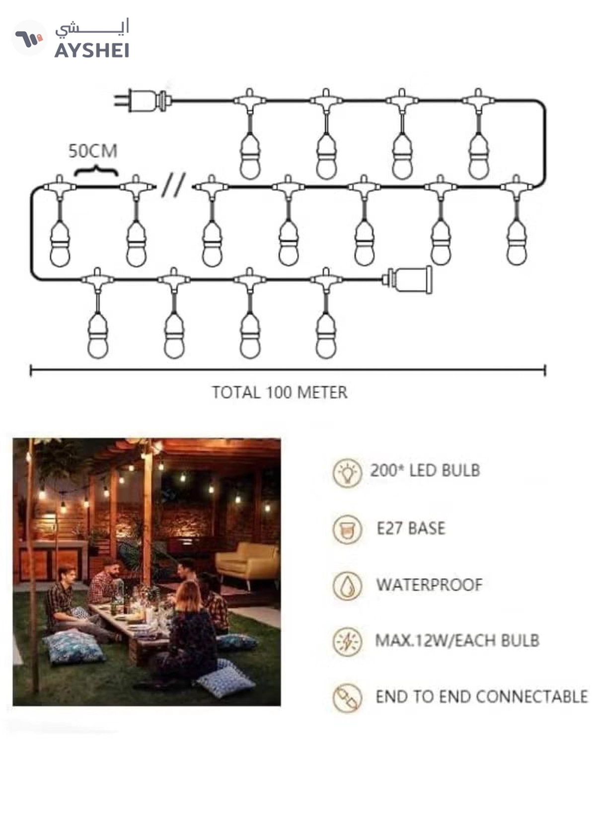 Yuwell Outdoor Waterproof IP65 Led String Lights E27 Holder 100 Meter Bulb Holder Wire For 200 Bulbs Solar Bulb Holder For Ramadan Decoration Lights And Outdoor Decoration Light Hanging Light String Wire Ramadan Light For Commercial Patio Garden & Porch Yard-7-7