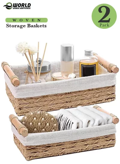 Eworld Set of 2 Rectangular Woven Storage Baskets with Washable Liners, Paper Rope Straw Rattan Baskets for Organizing with Handles, Ideal for Cosmetics, Toys, Books, and Daily Essentials-1