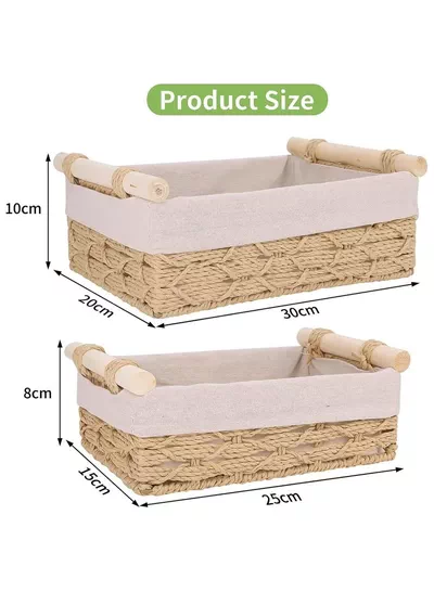 Eworld Set of 2 Rectangular Woven Storage Baskets with Washable Liners, Paper Rope Straw Rattan Baskets for Organizing with Handles, Ideal for Cosmetics, Toys, Books, and Daily Essentials-2