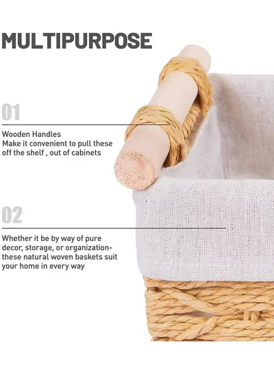 Eworld Set of 2 Rectangular Woven Storage Baskets with Washable Liners, Paper Rope Straw Rattan Baskets for Organizing with Handles, Ideal for Cosmetics, Toys, Books, and Daily Essentials-3