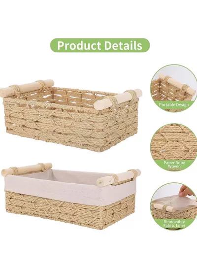 Eworld Set of 2 Rectangular Woven Storage Baskets with Washable Liners, Paper Rope Straw Rattan Baskets for Organizing with Handles, Ideal for Cosmetics, Toys, Books, and Daily Essentials-5