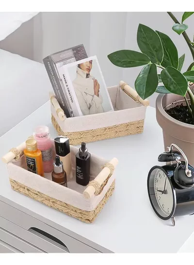 Eworld Set of 2 Rectangular Woven Storage Baskets with Washable Liners, Paper Rope Straw Rattan Baskets for Organizing with Handles, Ideal for Cosmetics, Toys, Books, and Daily Essentials-6