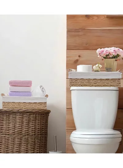 Eworld Set of 2 Rectangular Woven Storage Baskets with Washable Liners, Paper Rope Straw Rattan Baskets for Organizing with Handles, Ideal for Cosmetics, Toys, Books, and Daily Essentials-4