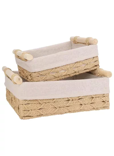 Eworld Set of 2 Rectangular Woven Storage Baskets with Washable Liners, Paper Rope Straw Rattan Baskets for Organizing with Handles, Ideal for Cosmetics, Toys, Books, and Daily Essentials-0