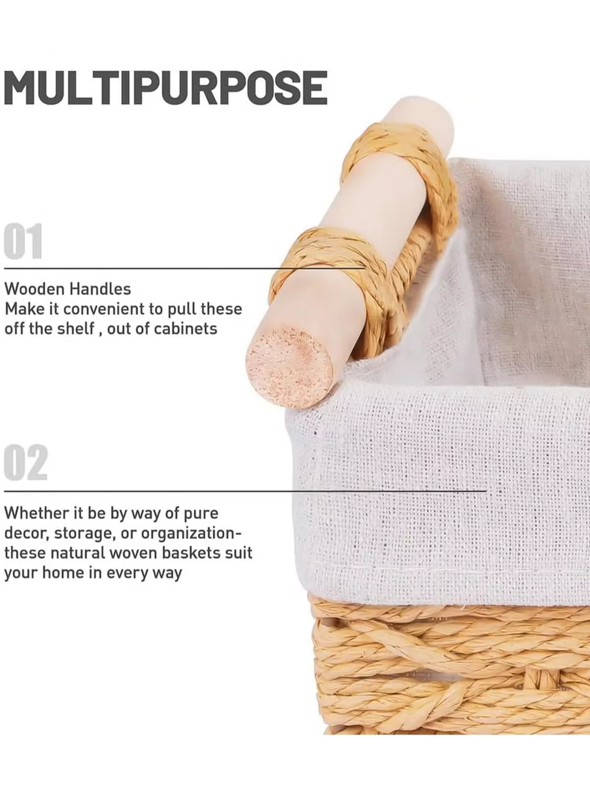 Eworld Set of 2 Rectangular Woven Storage Baskets with Washable Liners, Paper Rope Straw Rattan Baskets for Organizing with Handles, Ideal for Cosmetics, Toys, Books, and Daily Essentials-3-3