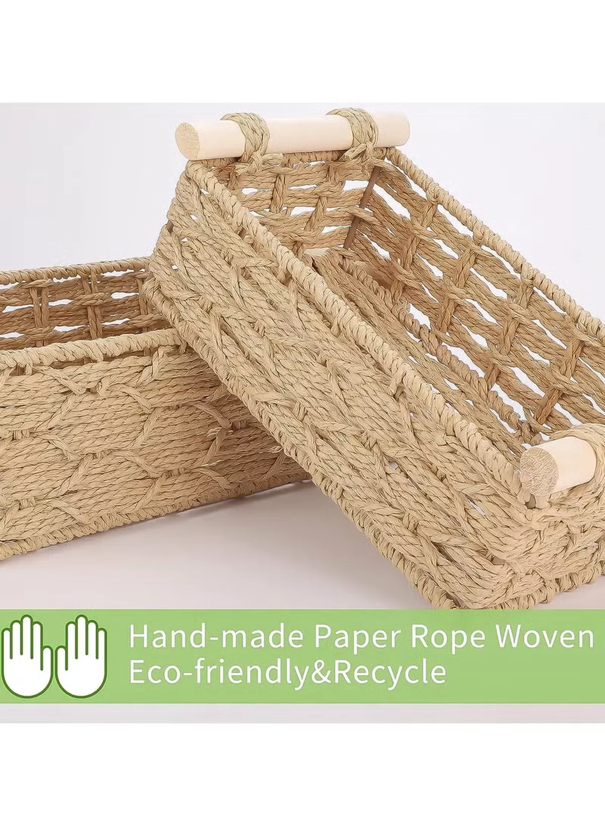Eworld Set of 2 Rectangular Woven Storage Baskets with Washable Liners, Paper Rope Straw Rattan Baskets for Organizing with Handles, Ideal for Cosmetics, Toys, Books, and Daily Essentials-7-7