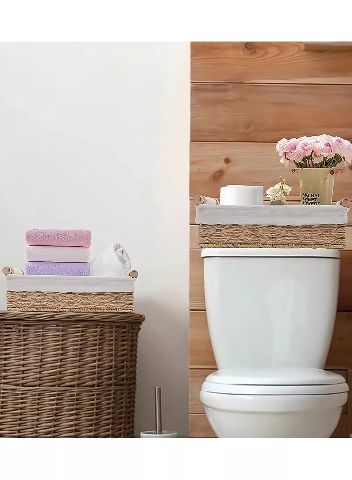 Eworld Set of 2 Rectangular Woven Storage Baskets with Washable Liners, Paper Rope Straw Rattan Baskets for Organizing with Handles, Ideal for Cosmetics, Toys, Books, and Daily Essentials-4-4