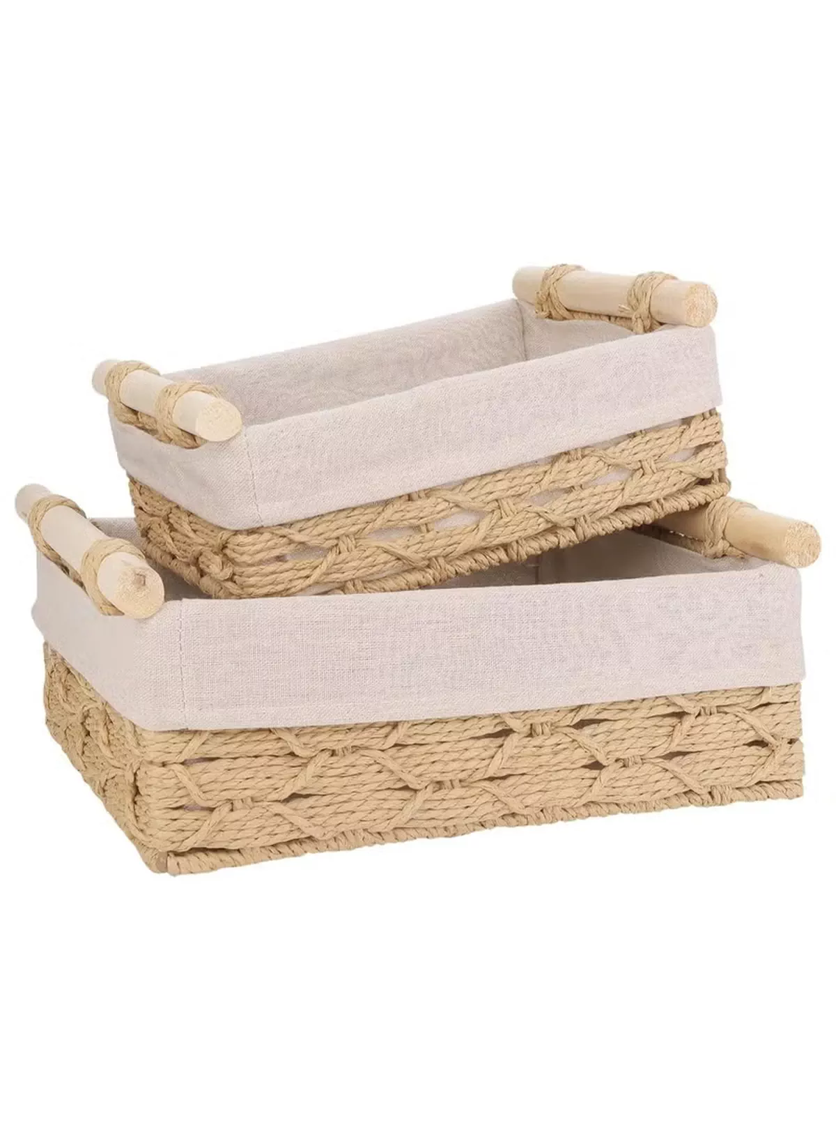 Eworld Set of 2 Rectangular Woven Storage Baskets with Washable Liners, Paper Rope Straw Rattan Baskets for Organizing with Handles, Ideal for Cosmetics, Toys, Books, and Daily Essentials