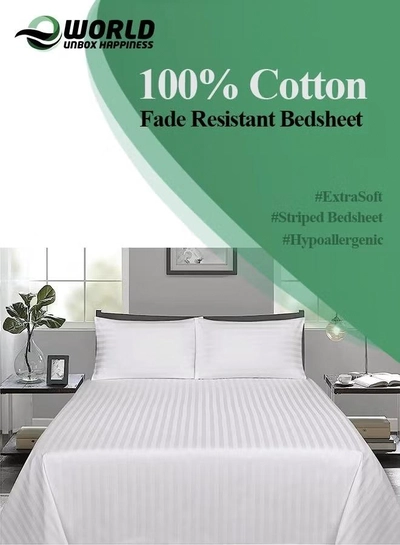 Eworld 3 Piece Luxury White Striped Bed Sheet Set with 1 Flat Sheet and 2 Pillowcases-4
