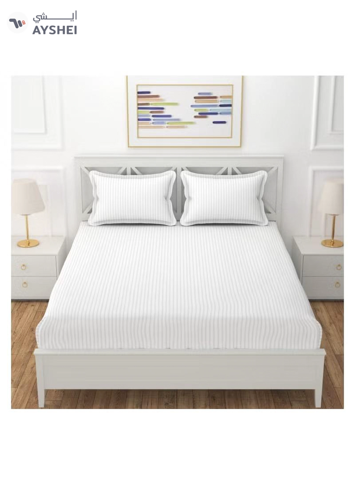 Eworld 3 Piece Luxury White Striped Bed Sheet Set with 1 Flat Sheet and 2 Pillowcases-1-1