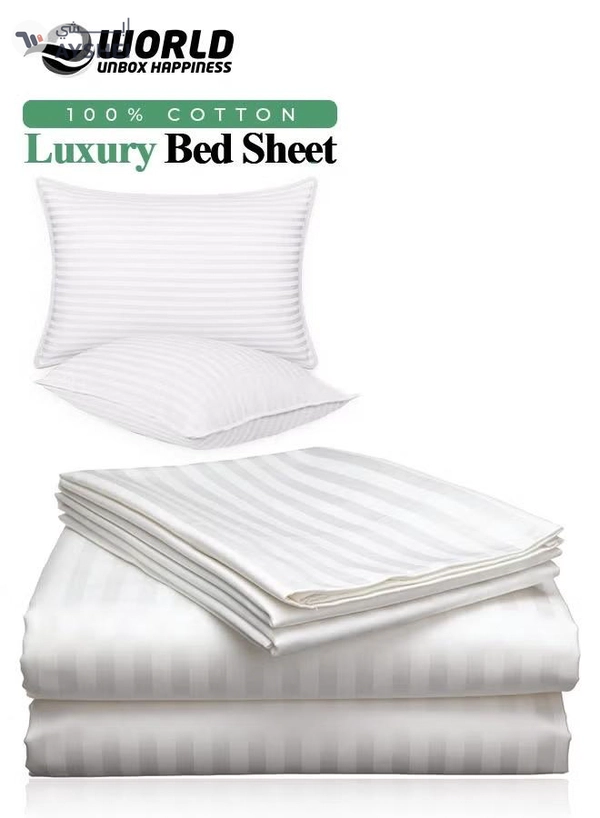 Eworld 3 Piece Luxury White Striped Bed Sheet Set with 1 Flat Sheet and 2 Pillowcases