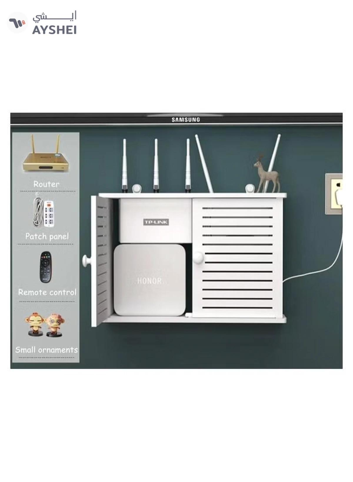 Eworld Wall Mounted Router Storage Box Water Proof Rack with 2 Shelf and Doors-1-1