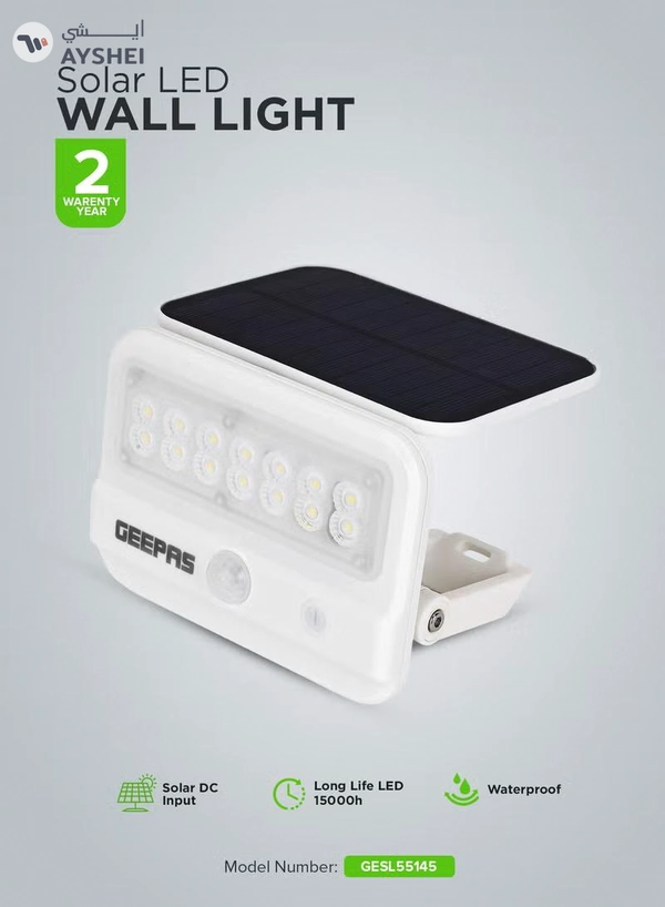 GEEPAS Solar LED Wall Light- GESL55145/ Energy Efficient Design with Motion Sensor and Dual Induction Modes/ Solar DC Input, IP54 Waterproof Rating/ 10-12 Hours Working, Perfect for Porches, Patios, Outdoor Space, etc.