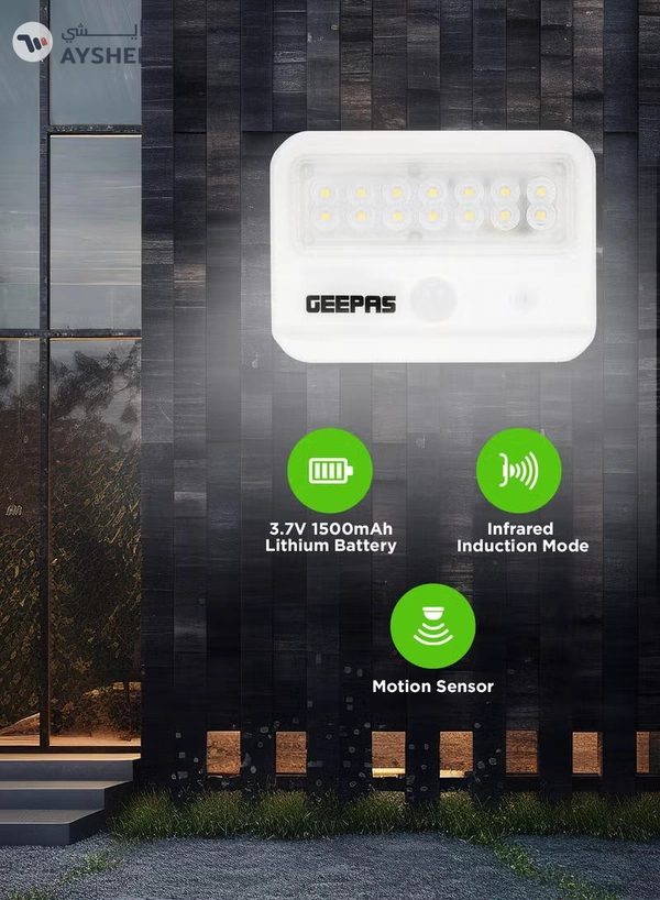 GEEPAS Solar LED Wall Light- GESL55145/ Energy Efficient Design with Motion Sensor and Dual Induction Modes/ Solar DC Input, IP54 Waterproof Rating/ 10-12 Hours Working, Perfect for Porches, Patios, Outdoor Space, etc.